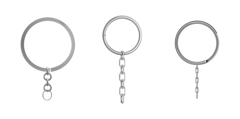 Collection Of Realistic Key Rings With Chain Vector Illustration.	