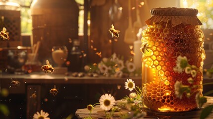 Honey jar with honeycomb and bees in rustic kitchen