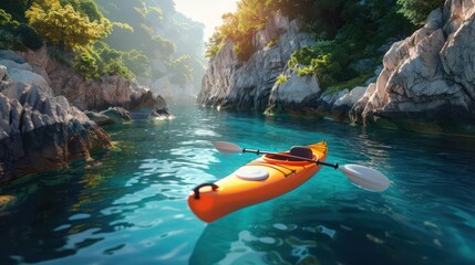 Orange kayak in a serene rocky canyon
