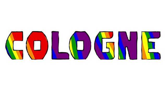 Animated 'Cologne' text with rainbow colored cartoony characters on a pure white background. Seamlessly loopable motion graphic.