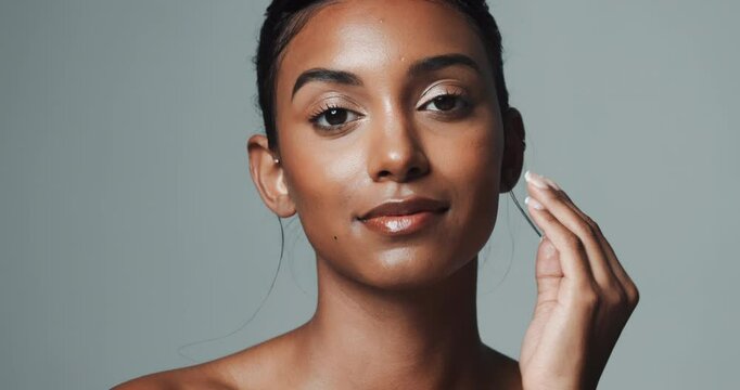 Skincare, Indian woman or smile in studio for face with beauty, glow or cosmetics on grey background. Sleeping, vitamin c or happy model with night time routine, facial hydration or natural treatment