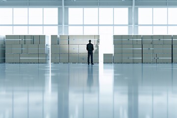 In a spacious warehouse filled with cargo, the silhouette of a manager reflects efficient logistics management. The clean lines and organized environment provide ample copy space for various purposes.