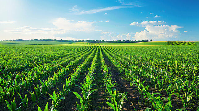 Large corn fields under blue sky and white clouds