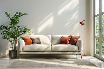 A modern living room interior with a sofa created with Generative AI