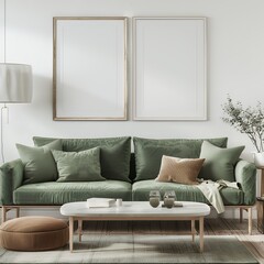 3d render of living room interior with green sofa, coffee table and decoration elements on white wall background with two vertical blank poster frames mockup. Scandinavian style home decor 