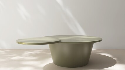 Modern, minimal sage green wooden pedestal table podium in dapple sunlight, shadow on white wall, beige floor for luxury organic cosmetic, skincare, body care, beauty product background 3D