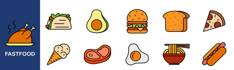 Fast food set icon. Taco, avocado, burger, bread, pizza, ice cream, steak, egg, noodles, hotdog, meal, snack, junk food, street food.