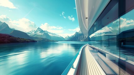 Fototapeta premium Futuristic Luxury Yacht with Augmented Reality Windows Displaying Serene Landscapes, Illustration of Elegant and Tranquil Experience