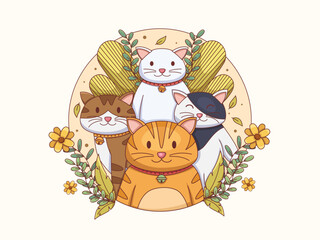 illustration of a group of cute cartoon cats. Each cat has a unique color and pattern. The cats are surrounded by decorative floral elements.
Suitable for cards, book illustrations,  book covers, soci