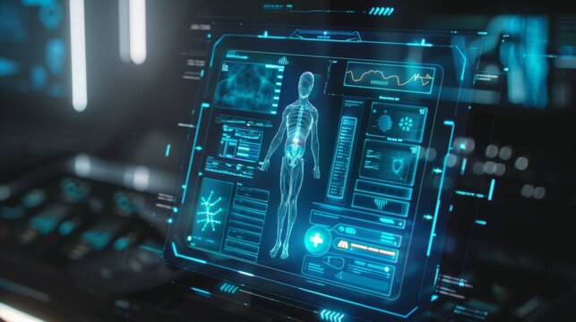 Futuristic Digital Interface Shows Human Body With Vital Signs and Data