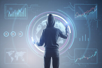 Back view of hacker using digital business interface on gray background. Hacking and dashboard concept. Double exposure.