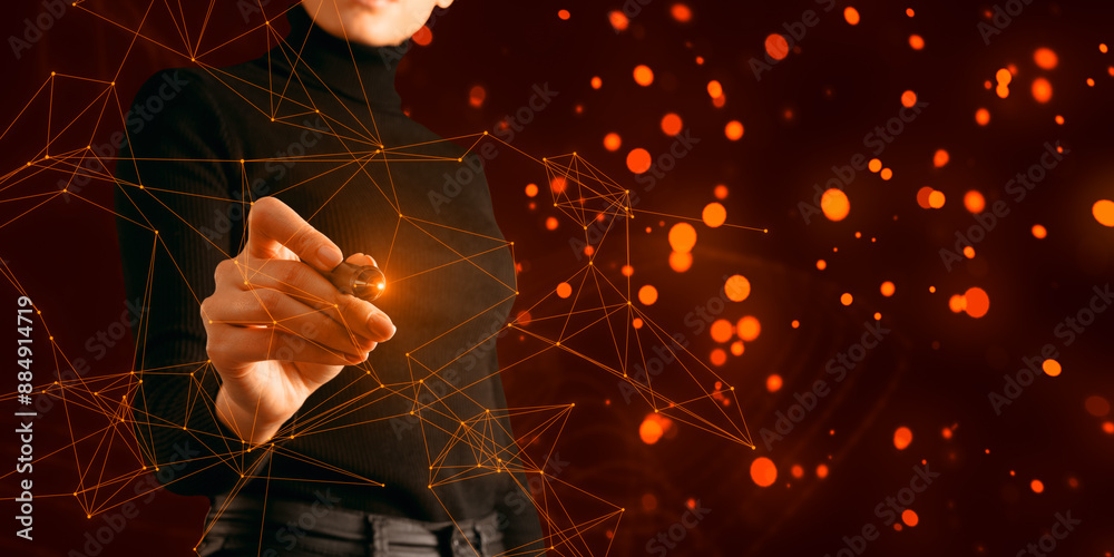 Poster Close up of female hand with pen using glowing plexus pattern hologram on blurry background. Innovation and technology concept.