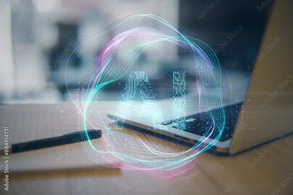Poster close up of laptop and supplies on desk with creative digital tech circle on blurry background. big 
