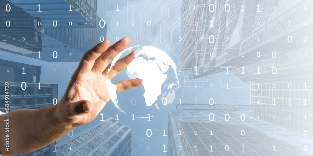 Poster close up of male hands using glowing digital globe on bright tech city background with mock up place
