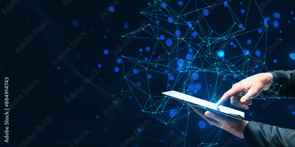 Poster Close up of male hands using smartphone with glowing blue plexus pattern hologram on blurry background with mock up place. Innovation and technology concept.