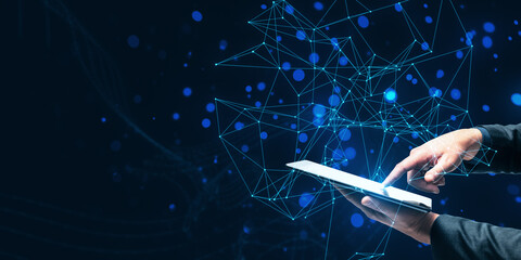 Close up of male hands using smartphone with glowing blue plexus pattern hologram on blurry background with mock up place. Innovation and technology concept.