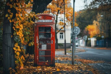 Obraz premium Classic red phone booth on a rainy street, symbolizing nostalgia and communication