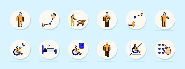 Disability set icon. Prosthetic leg, robotic arm, guide dog, wheelchair, cast, crutch, blind person, adaptive sports, disability parking, braille, injury, support, assistance, accessibility, medical