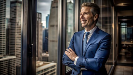 Naklejka premium Calm and Confident Caucasian Businessman in Modern Office with City View. Perfect for: Corporate events, business meetings, office environments