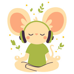 Cute mouse wearing headphones sits in lotus pose and meditates. flat vector illustration in child style . Vector illustration