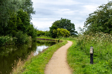 Trent and Mersey canal with sign post in Cheshire UK