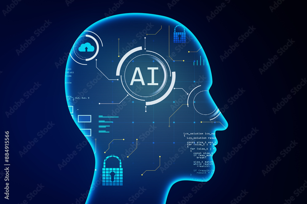 Poster Creative ai head outline on dark backdrop. Artificial intelligence and innovation concept. 3D Rendering.