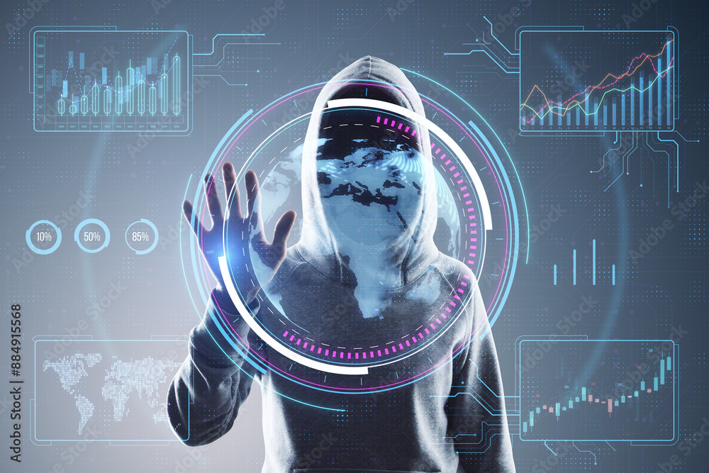 Aufkleber Hacker using digital business interface on gray background. Hacking and dashboard concept. Double exposure.