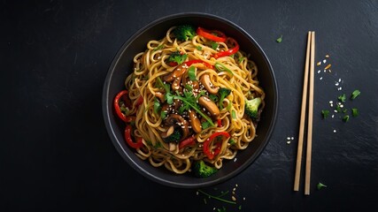 Vegan stir fry egg noodles with vegetables, paprika, mushrooms, chives and sesame seeds in bowl Asian cuisine dish Black table background, top view.