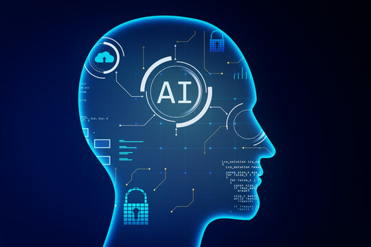 Creative ai head outline on dark backdrop. Artificial intelligence and innovation concept. 3D Rendering.