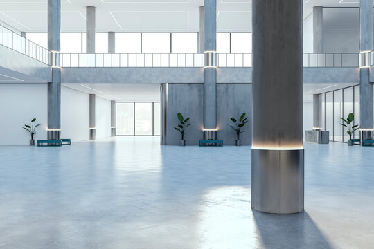 Modern spacious interior with two floors, windows, daylight. 3D Rendering.