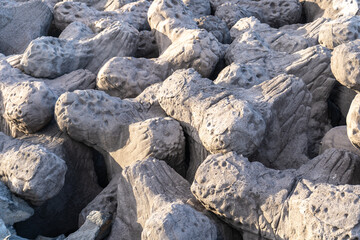 Coastal defenses tetrapods, breakwater concrete structures, wave breakers, shoreline protection