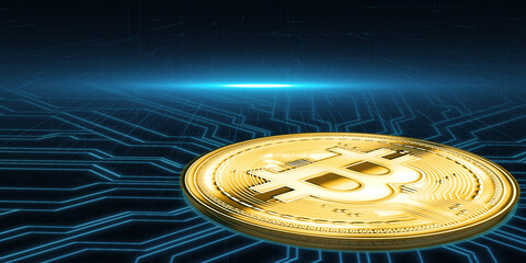 Creative golden bitcoin and circuit on blue backdrop. Cryptocurrency and blockchain concept. 3D Rendering.