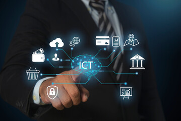 Fototapeta premium Businessman touching ai artificial intelligence technology, brain digital network communication. ICT. Information and communication technology on virtual screen.