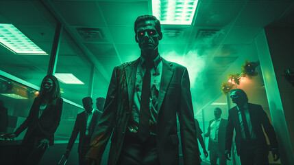 Office workers work hard until they become zombies, hard work concept