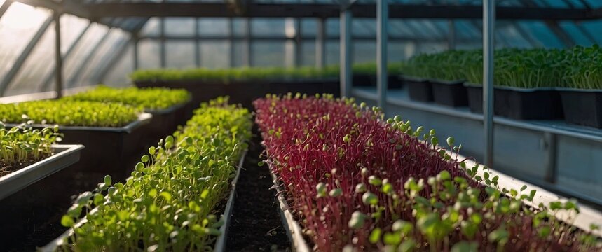 Vibrant microgreens cultivation in well lit greenhouse for nutrition and colorful growth.