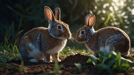 the rabbit family is eating seeds illustration style.