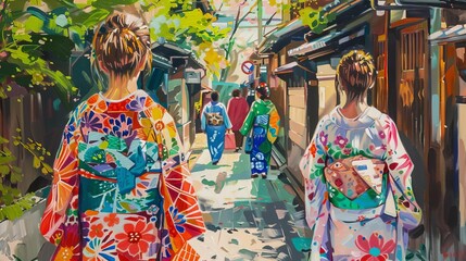 Fototapeta premium Two Women in traditional Japanese kimonos walk down a narrow street in Kyoto.