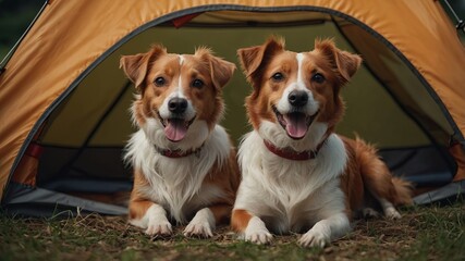 Two dogs in the tent Jack Russell Terrier and Nova Scotia duck tolling Retriever.