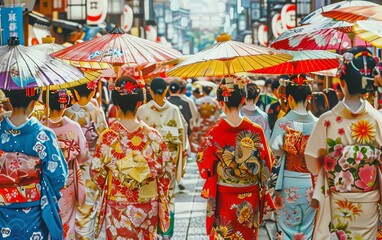 Women in traditional Japanese kimonos and parasols walk through a bustling street.