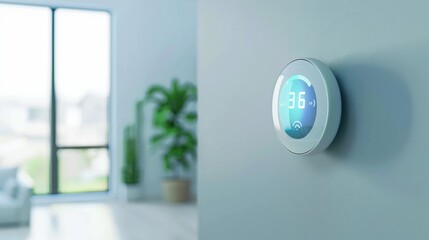 Modern Smart Thermostat Displaying 36 Degrees in a Room With a Window and a Plant