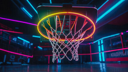 A neon basketball court with a glowing hoop, creating a futuristic sports environment