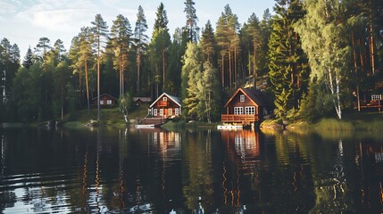 Obraz premium Cabin Reflection on Still Lake
