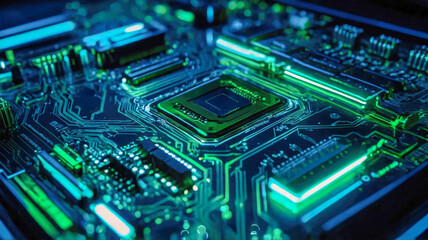 Close-up of a futuristic circuit board glowing with green and blue lights