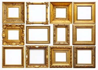 Collection of antique gold picture rectangular frames isolated on a transparent background, PNG