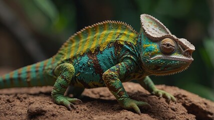 Fototapeta premium Side view of a Jackson's horned chameleon walking.