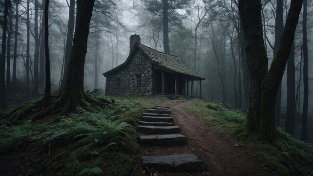 Small path leading to a dark stone cabin with wood roof Haunted forest Ghost woods Misty and foggy landscape.