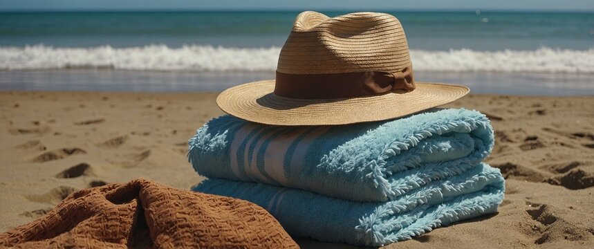 Towels and hat on the beach, Summer holiday vacation concept. - Powered by Adobe
