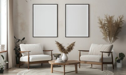 Photo of a living room interior with two vertical blank poster frames in a mockup. The decor has a minimalistic Scandinavian style with natural light coming in from a window. A wooden coffee table sit