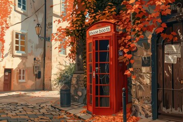 Classic red phone booth on a rainy street, symbolizing nostalgia and communication