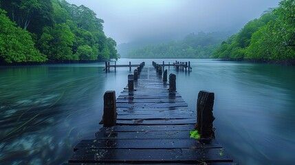 Serene wooden jetty on a misty lake